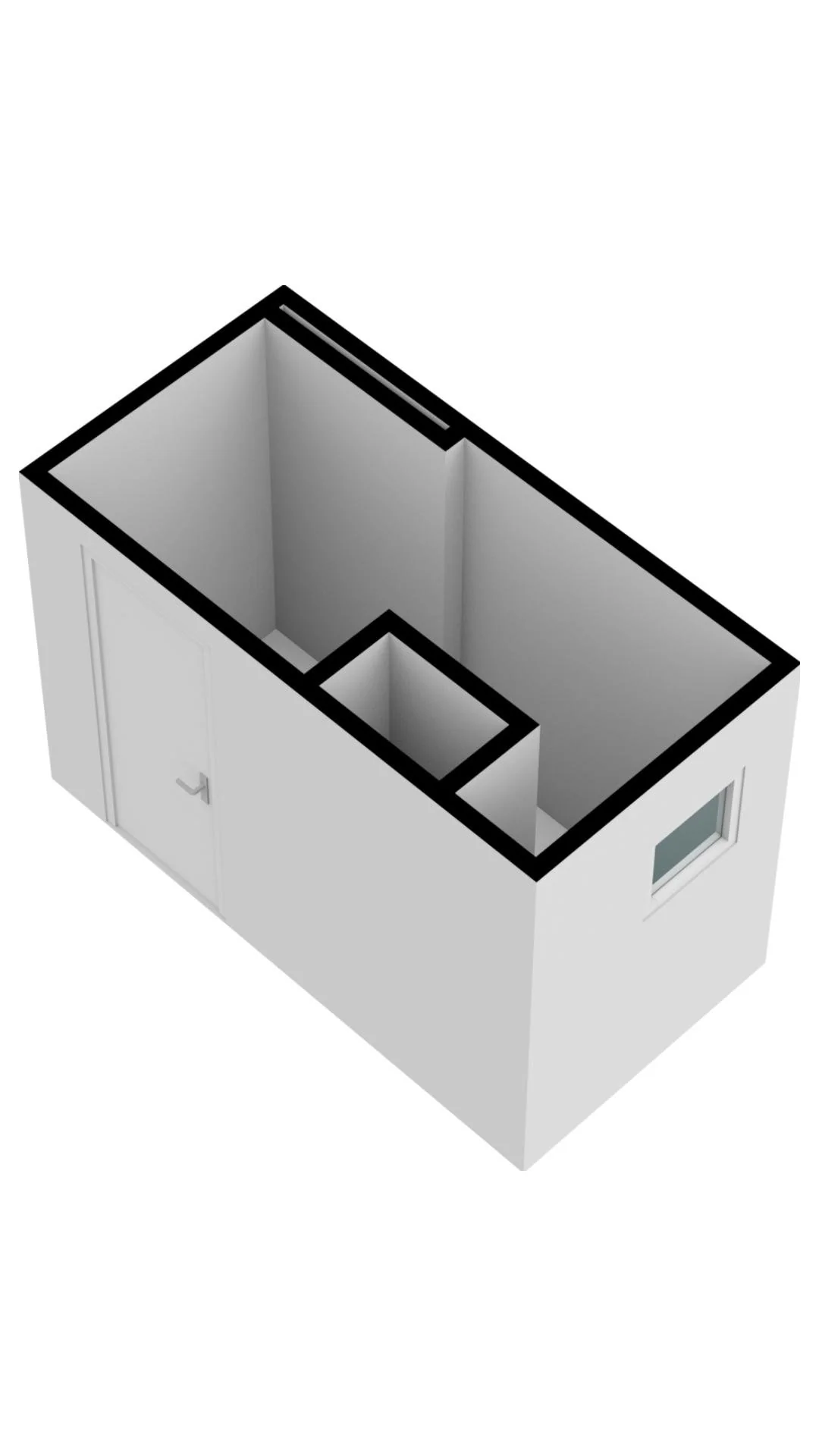 3D-model van een eenvoudige rechthoekige kamer aan de Cornelis Dopperkade met één deur, een raam en een kleinere binnenruimte.